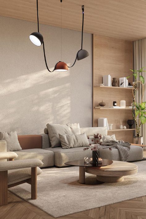 Salón con estantería de madera, sofá y lámparas colgantes